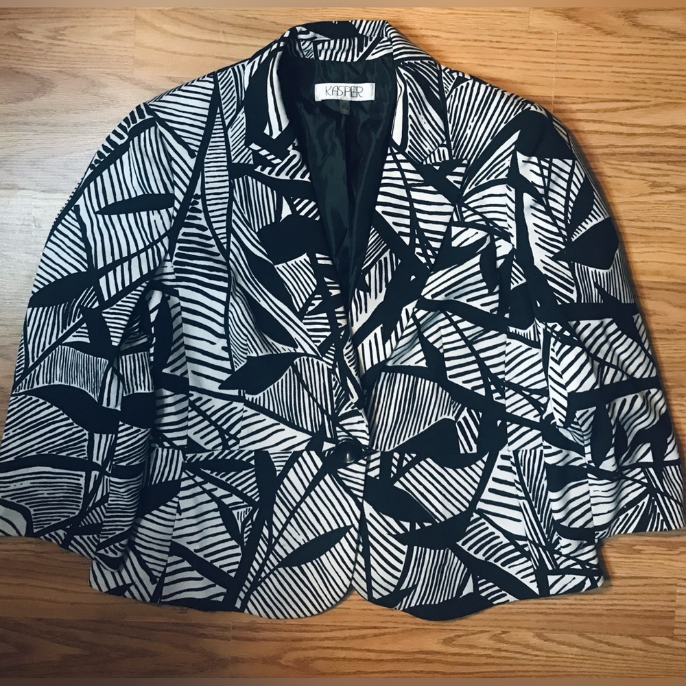 Kasper Retro Y2K One-Button Blazer Black & White Abstract Size 12 NWOT